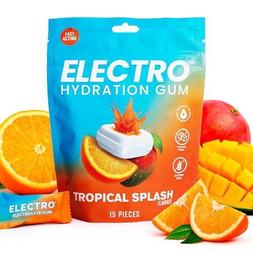 Electro Hydration Gum Electrolyte Gum - Sugar Free Chewing Gums with Sodium Potassium & Magnesium Fast Hydration Zero Calorie Energy Gums for Sports - Tropical Splash Flavor (15 Pcs)