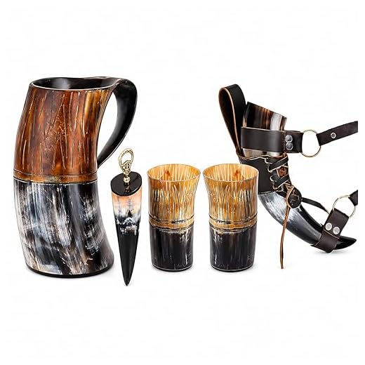 Viking Drinking Horn Set Authentic Natural Ox-Horn Handmade Tankard for Beer Mead Wine Ale Water Drinking Mug with Drinking Horn Belt Holster Neck Strap Shot Cup Bottle Opener