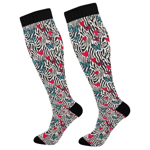 ALAZA Zebra Leopard Print Butterfly Compression Socks for Women Men Circulation Long Socks Running Athletic Cycling 2 pair