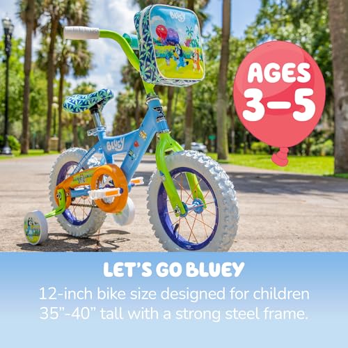 Image of Bluey 12 Inch Kids Bike by Dynacraft for Boys and Girls with Training Wheels, Coaster Brake, Sturdy Frame, Easy Assembly, Fun Bluey Design, Beginner Toddler Bicycle