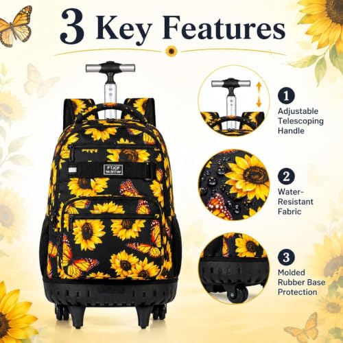 Image of 3Pcs Rolling Backpack for Girls, 19 Women Inche Roller Bag with Wheels, Sunflower Wheeled Bookbag Set for Adults(Yellow)