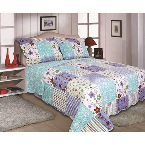 Lily Patchwork Bedspread inc Pillowshams Country Cottage design Reversible Pattern Blue & Floral Check Single Double or King Bed (Single) Cover