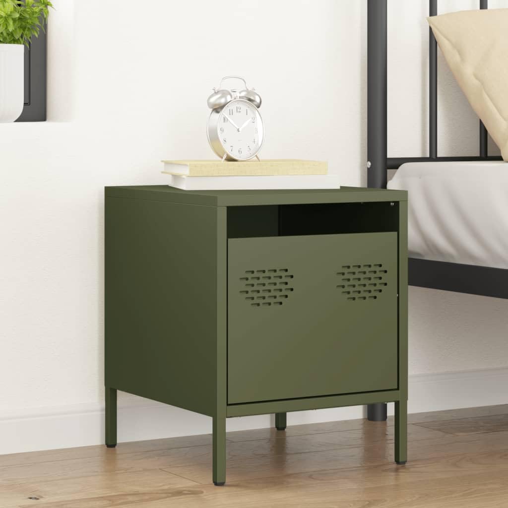 Table de chevet vert olive stable en acier avec grand tiroir