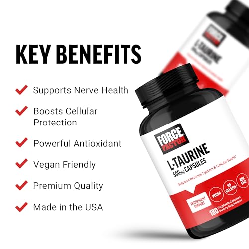 Image of Force Factor Taurine Supplement, Taurine 500mg Capsules Antioxidant Supplement to Support Nervous System and Cellular Health, Vegan, No Gelatin, Non-GMO, 180 Vegetable Capsules