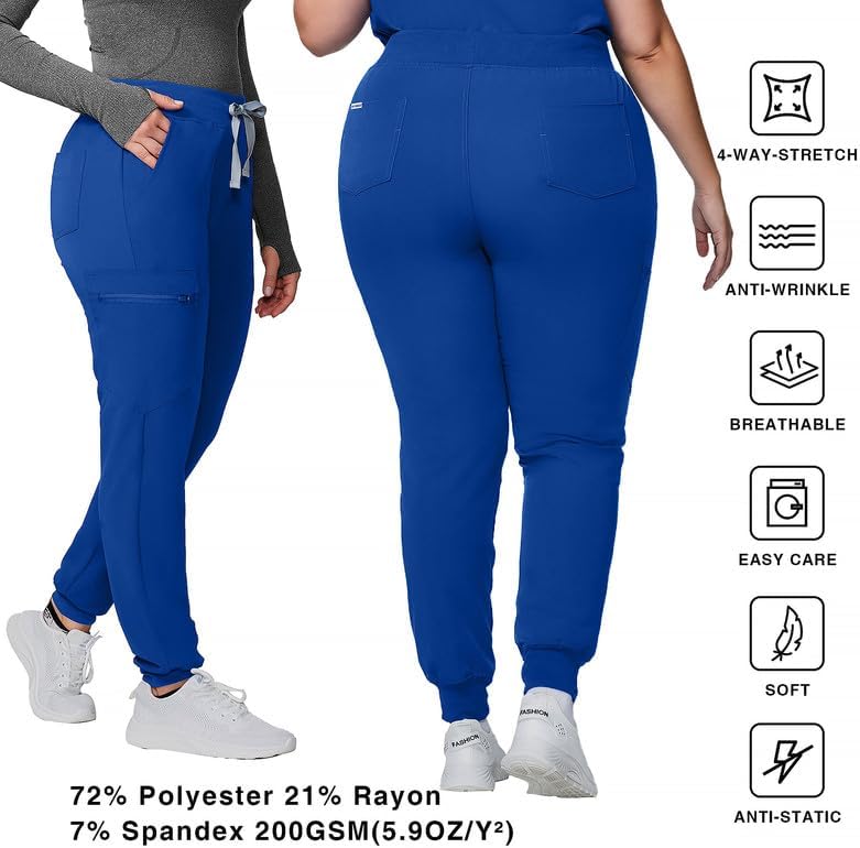 Kitmaz High Waisted Scrub Pants for Women - 4-Way Stretch Anti-Wrinkle Medical Slim Fit Jogger Pants, Drawstring & 5 Pockets