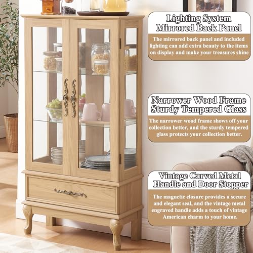 Image of 51 inch H Lighted Curio Cabinet Display Case, Glass Curio Cabinet with Adjustable Shelves,Tempered Glass Door and Drawer, Wooden Cabinets w /Mirrored Back Pane for Living Room (Light Oak)