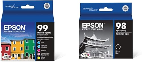 Epson T099 Claria Tinta de Alta Definición Capacidad Estándar 5 Color Cartucho Combo y T098 Claria Hi-Definition - Tinta Capacidad Estándar Negro -