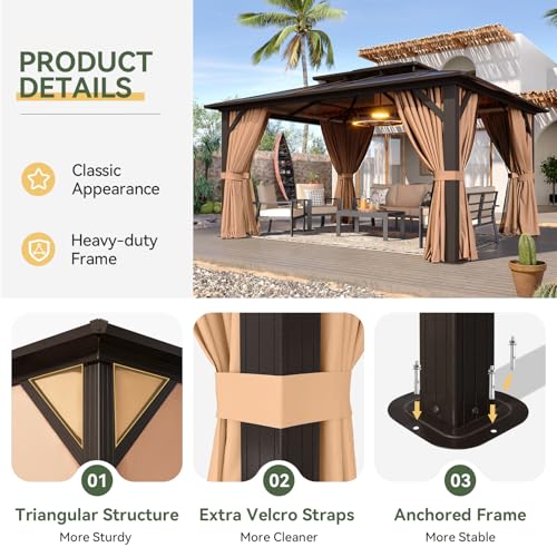 Image of Aoxun 12'x10' Hardtop Gazebo, Metal Frame Permanent Pavilion with Curtains and Netting, Outdoor Polycarbonate Double Roof Canopy, Designed for Garden, Lawns, Patio, Brown