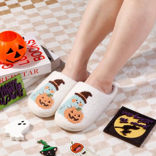 Image of Halloween Pumpkin Slippers for Womens Mens Plush Warm Spooky Lantern Pumpkin Slippers House Shoes