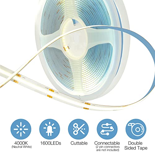 Image of DAYBETTER COB LED Strip, 16.4 ft White LED Strip Lights, Dimmable LED Light Strip 4000K Bright Neutral White, 24V, 1600LEDs, 2835 Flexible LED Tape Light for TV, Bedroom, Kitchen Cabinet, Closet