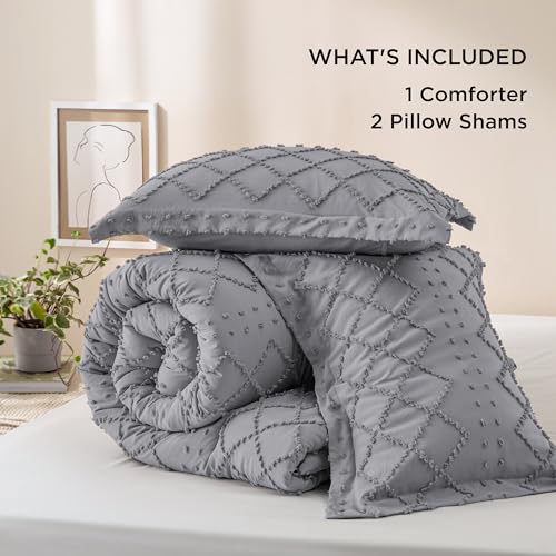 Image of Bedsure California King Comforter Set - Grey Comforter, Boho Tufted Distressed Vintage Bedding for Kids, 3 Pieces Farmhouse-Style Bed Set for All Seasons, Fluffy Soft Bedding with 2 Pillow Shams