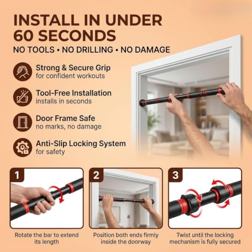 Image of DOLTAS Pull Up Bar for Home for Kids & Adults (100 kg Capacity) | Wall Mounted Pull Up Bar with Anti-Skid Foam Grip | No-Drill Installation | Heavy Duty Home Gym Equipment for Strength Training & Home Workout | BLACK & RED