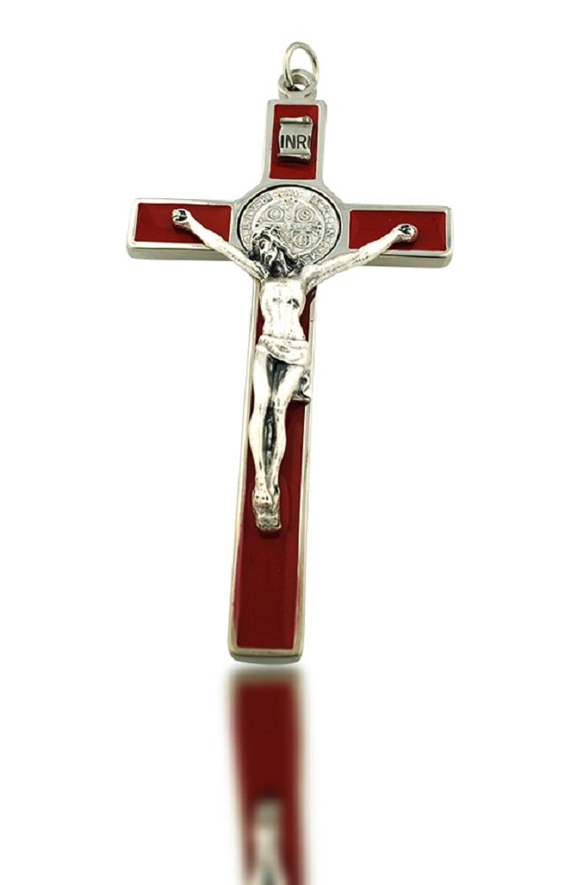 Vatican Imports St. Benedict Wall Crucifix with Colored Enamel and Booklet Explaining The St. Benedict Medal (Red)