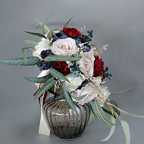 EUBUY Wedding Bouquets for Bride Bridesmaid Bouquet European Wine Red Peony Artificial Flowers Water Drops Waterfall Flowers Bride Bouquets for Wedding Home Decor Gifts, 9 Inch