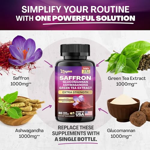 Zoyava Saffron Supplements 1000mg Glucomannan 1000mg Ashwagandha 1000mg Green Tea Extract 1000mg Lutein & Zeaxanthin - Pure Saffron Extract Capsules - Mood & Vision Pills - 2 Month Supply - Thumbnail 5