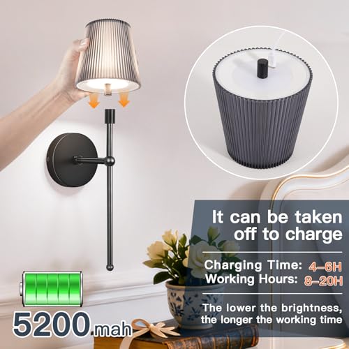 Image of TaoFiaCo Battery Operated Wall Sconces Set of 2,Wireless Wall Sconce Black | 5200mAh Rechargeable, Remote, Timer, Dimmable, Cordless Wall Light for Bedroom Living Room, Hallway, Light Decor
