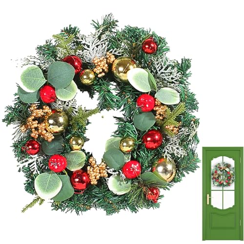 Dtaigou Coronas de Navidad para puerta delantera, corona artificial con bayas rojas, decoraciones navideñas con agujas de pino y bayas rojas para pared de ventana de porche