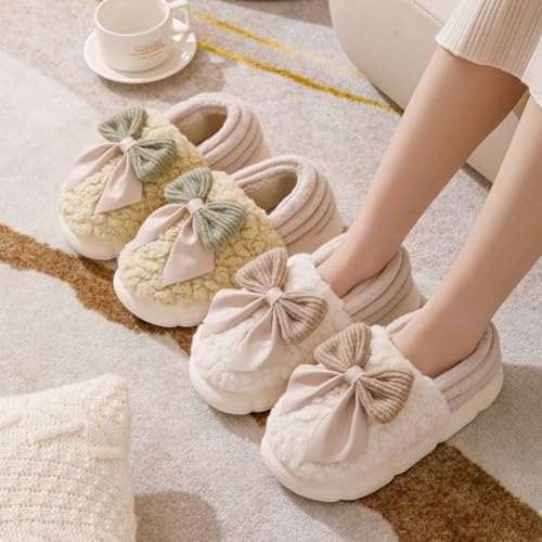 Bow Slippers for Women, Cute Cartoon Fluffy Warm Slippers with Bow, Winter Cozy House Slippers Plush Indoor Outdoor Shoes2