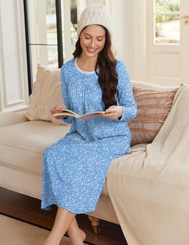 Ekouaer Women's Long Sleeve Nightgown Long Sleepshirt Henley Nightgowns Full Length Sleep Dress with Pockets S-3XL4