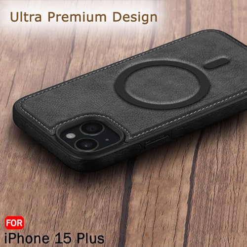 Image of TheGiftKart Genuine Leather Finish Back Cover Case for iPhone 15 Plus | Shockproof Design | Raised Edges for Camera & Screen Protection | Stunning Minimalist Design Case (MagSafe Compatible, Black)