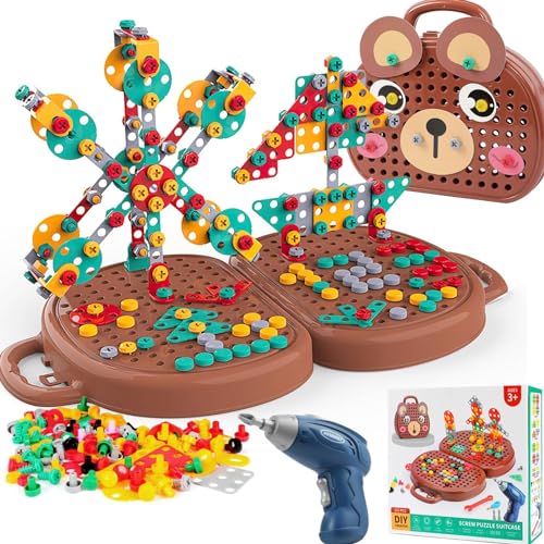 Kaxanpi Magic Montessori Play Toolbox, 204Pcs Creativity Tool Box with Drill Screwdriver Toy Set, Bear Creativity Tool Box for Kids