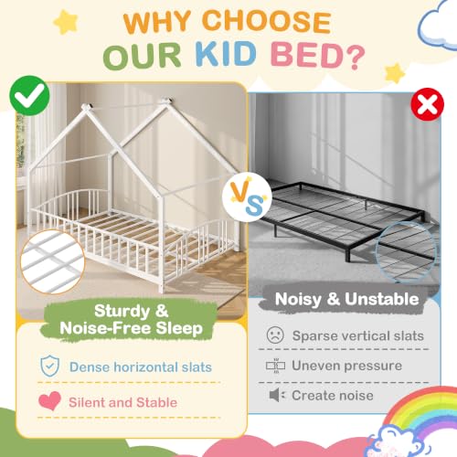 Image of Garvee Full Size Montessori Metal House Floor Bed Frame with Rail, White