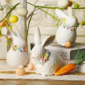 Lulu Home 3 Packs Easter Tabletop Ornaments Resin White Bunnies Figurines with Floral Wreaths Around Necks Standing Rabbit Statues for Spring Garden Home Mantel Indoor Outdoor Decorations