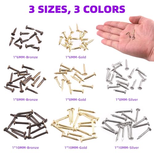 Swpeet 1600Pcs 3 Colors 6mm 8mm 10mm Small Hardware Tiny Nails Wooden Screws Assortment Kit, Tiny Wooden Nails Mini Nails Gold Silver Bronze Common Nails Boxed for DIY Decorative - Image 6