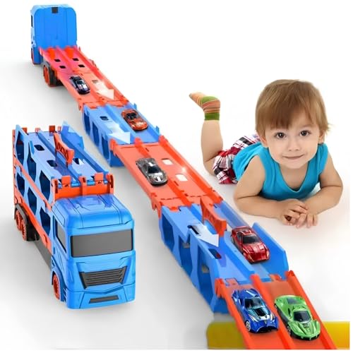 Image of Mashes Big Hauler Storage & Deform Transport Truck Toy with 2 Foldable Ejection Race Track & 2 Pc Die cast Cars for Kids Boys Girls 3+ Years (Truck with 2 Cars Set)
