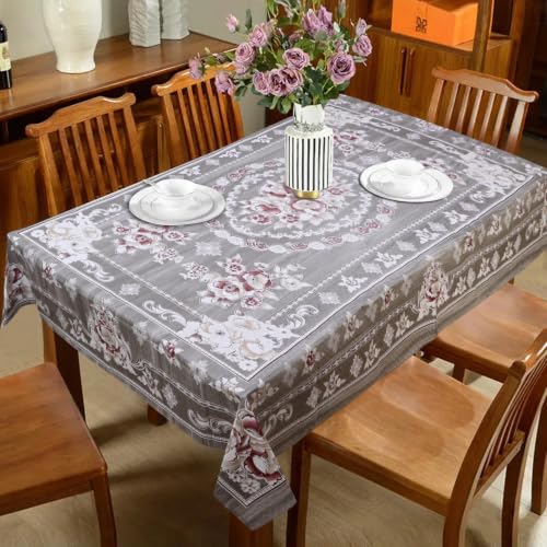 Image of Dakshya Industries Waterproof PVC Table Cover 60x90 Inch for Dining Table, Floral Printed Table Cloth, Washable Oilproof Table Protector, Plastic Cover for 6 Seater & 8 Seater Tables (Grey)