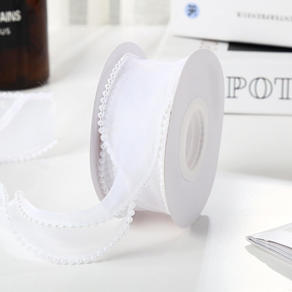 CABODYALS 4.57M 40mm White Faux Pearl Edged Ribbon Organza Sheer Fishtail Yarn Trim Mesh Shimmer Transparent Ribbons Rolls with Spool for Diy Crafts Corsage Wedding Invition Cake Decoration - Image 3