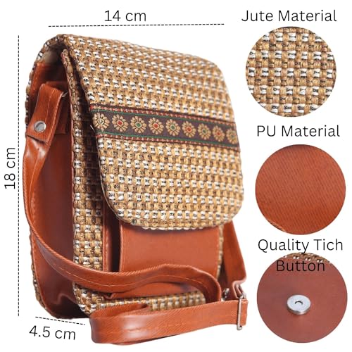 Image of Eco-Friendly Jute Ethnic Side Sling Bag /Cross Body Bag For Women /Girls With Front Mobile Pocket. Flop Closure With Adjustable Shoulder Strap-SLMB01
