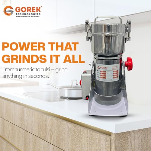 Image of Gorek Technologies High Speed 2000W Masala Grinding Machine | Portable Stainless Steel Dry Mixer Grinder for Grains, Spices, Herbs, Masala, Seeds, Home & Commercial Use | 500g Capacity (GT-PG-500S)