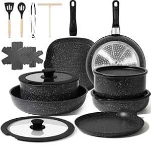 GMISUM 22-Teiliges Topfset,Topfset Induktion mit Abnehmbarer Griff,Töpfe Set für Alle Herdarten,Pfanne 20/24cm, Tiefe Bratpfanne 26cm, Topf 18/20cm,Steakpfanne and Flat Pan for Crêpes24cm,Schwarz