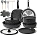 GMISUM 22-Teiliges Topfset,Topfset Induktion mit Abnehmbarer Griff,Töpfe Set für Alle Herdarten,Pfanne 20/24cm, Tiefe Bratpfanne 26cm, Topf 18/20cm,Steakpfanne and Flat Pan for Crêpes24cm,Schwarz