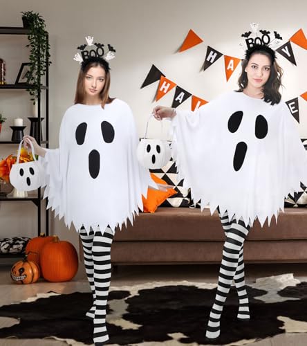 4 Pcs Ghost Costume Adult with Accessories,Ghost Costume Women Poncho/Bag/Headband/Tights Halloween Cosplay2
