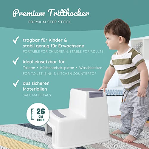 Premium Tritthocker von BEARTOP | sehr stabil (bis zu 100kg) | mit 2 Stufen | Anti-rutsch-Beschichtung | 26cm hoch | Kinderhocker, Kindertritt, Trittschemel | Zufriedenheitsgarantie (3 Jahre)* Grau