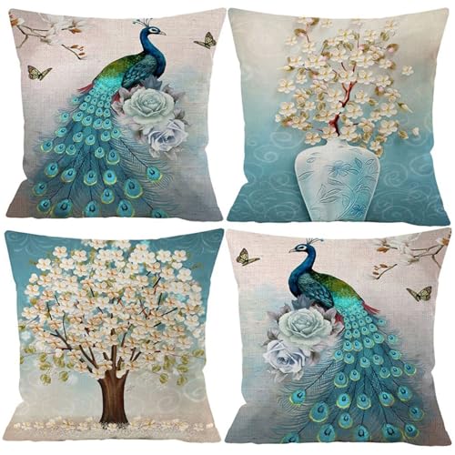 Guhoo Set of 4 Blue Peacock Print Throw Pillow Covers, Decorative Linen Square Cushion Covers with Zipper for Living Room Couch Sofa Decor