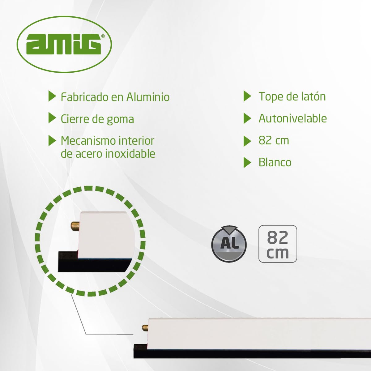 Amig - Burlete automático de atornillar - Cierre de Goma - Mecanismo Interior de Acero Inoxidable y Tope de latón - Autonivelable - Recortable - 82 cm - Blanco - Aluminio