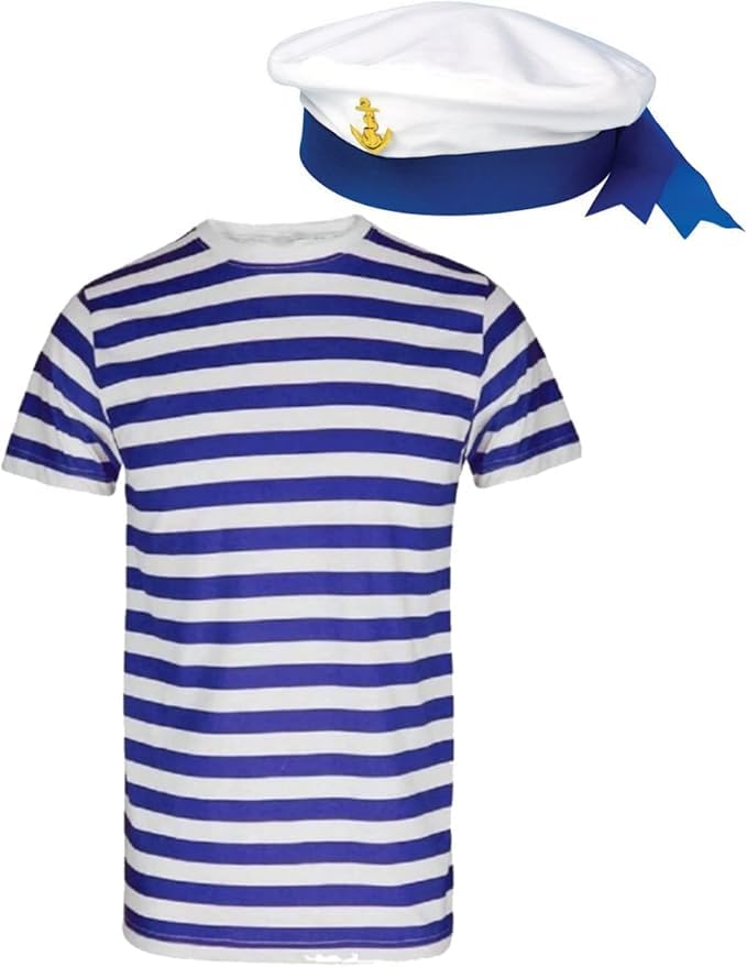 ANZEE Adult Sailor Costume Set Blue & White Striped Shirt with Classic Navy Hat and Ribbon Nautical Marine Outfit for World Book Day Fancy Dress Parties & Role Play (Blue and White Costume Set, L)