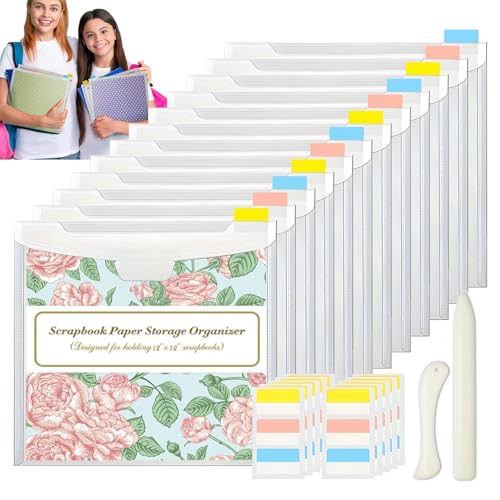 Bolsa de almacenamiento para scrapbooking - Bolsas de papel de scrapbooking, organizador de scrapbooking con pestañas | 12 piezas de almacenamiento de papel de scrapbooking transparente, pestañas de