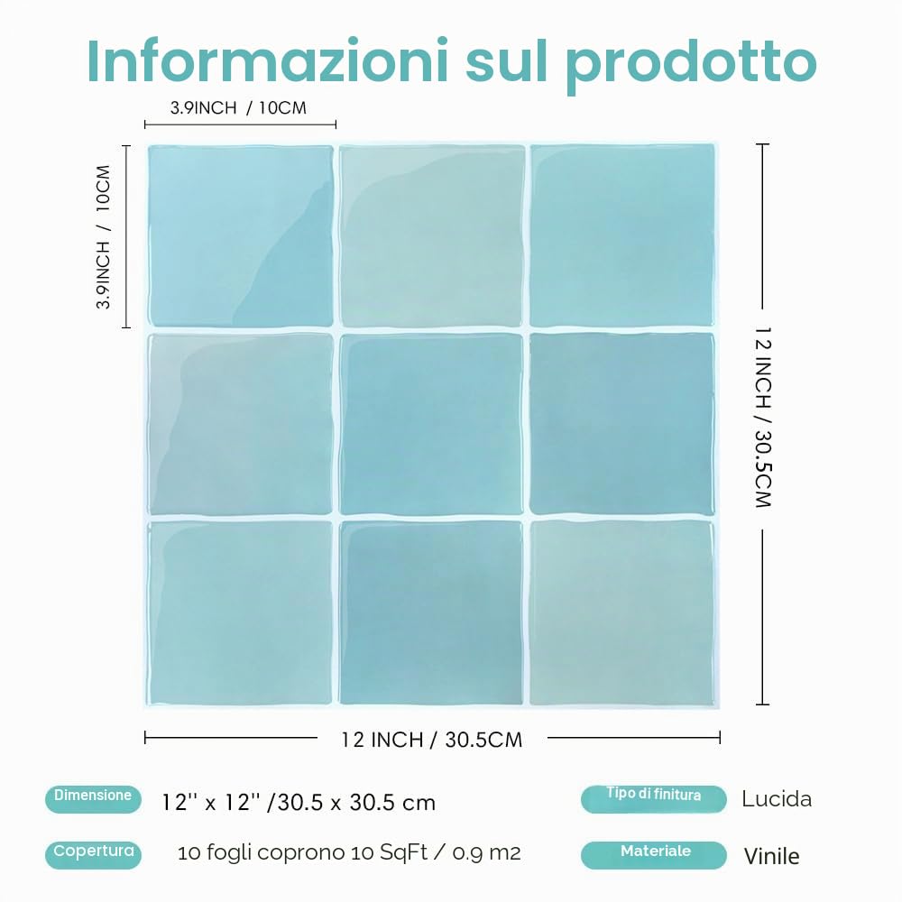Commomy Più Spessi Paraschizzi Cucina Adesivo, 10 pezzi, 30,5 x 30,5 cm | Verde Blu Piastrelle Mattonelle Adesive Bagno Vinile 3D Metro, Adesivi per Piastrelle Cucina Impermeabili