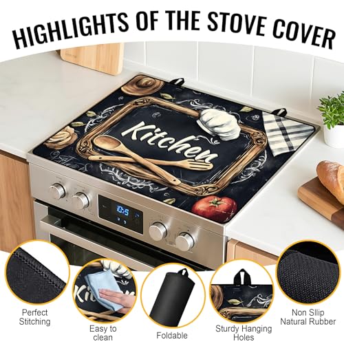 Image of NYZE Stove Cover for Electric and Glass Stove Tops 3-in-1 Stove Mat, Heat Resistant Counter Protector Mat, Non-Slip Surface & Drying Rack (Blackboard Kitchen, 28.5 inch Lx20.5 W)