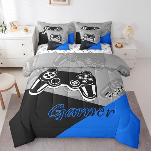 Feelyou Gaming Bed in a Bag for Boys Teen Video Game 7 Piece Bedding Set Twin Size for Kids Gamer Comforter Set with Sheets for All Season Gamepad Home Decor Bed Set Blue Black Grey