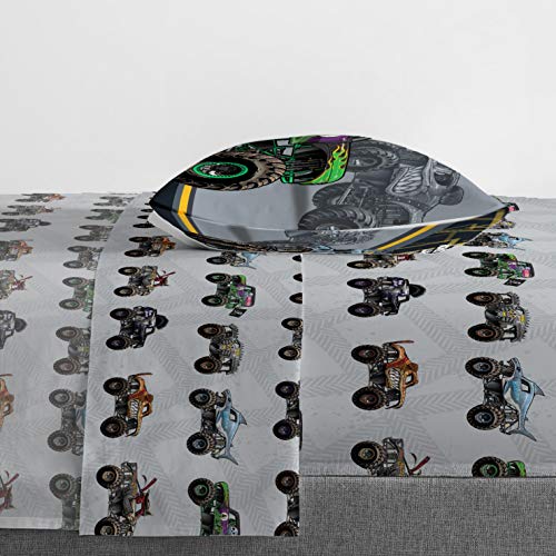 Image of Jay franco Monster Jam MJ Life 4 Piece Twin Bed Set-Includes Reversible Comforter&Sheet Set-Bedding Features Grave Digger, Max-D, Megalodon-Super Soft Microfiber-(Official Monster Jam Product)