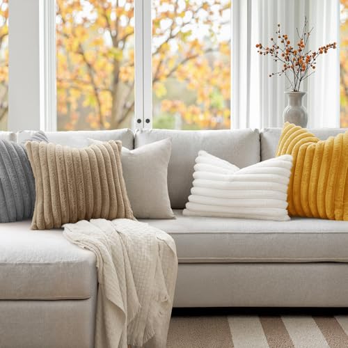 Image of MIULEE Faux Fur Decorative Throw Pillow Covers 18x18 Set of 2 Khaki | Modern Fall Home Decor Soft Plush Couch Pillows Cozy Fluffy Cushion Covers for Sofa Bed Living Room