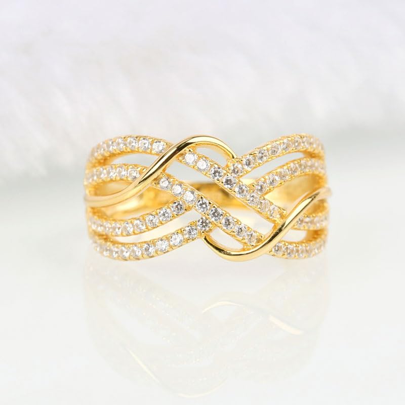Ganquya Infinity Knot Cubic Zirconia Wedding Ring for Women, Criss Cross Wide Band Ring 18 Yellow Gold Plated Promise Ring for Her Eternity Bands Jewelry Set（9）4