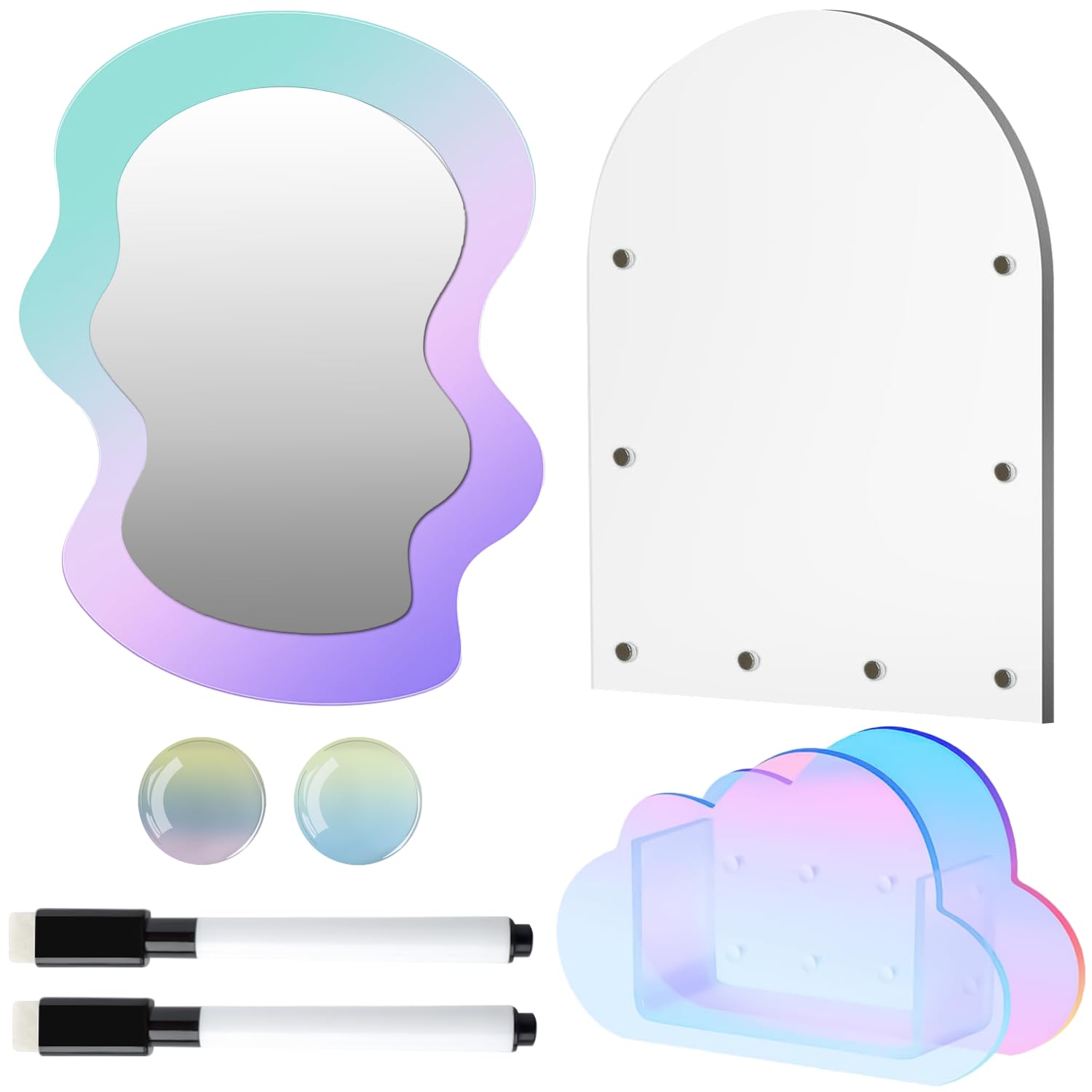 MaxDovYen Locker Accessories Iridescent Set, (Acrylic Magnetic Whiteboard, Irregular Mirror, Pen Holder, Marker, Magnetic Clips) School Locker Decor,