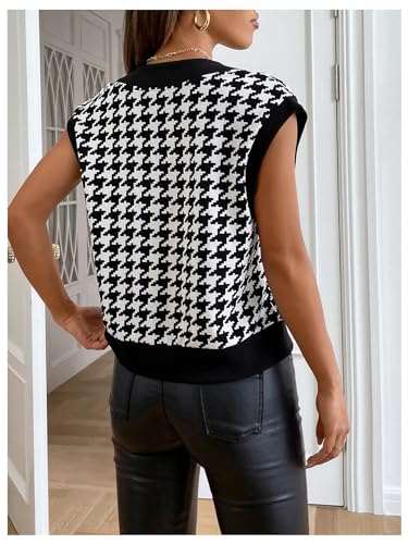 WDIRARA Women's Houndstooth Button Down V Neck Sleeveless Color Block Vest Jacket2