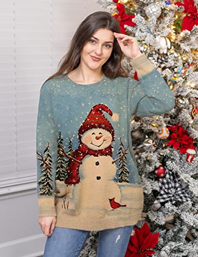 Image of YESNO Women Christmas Sweater Graphic Printed Oversized Pullover Sweaters Casual Loose Knit Tops S01